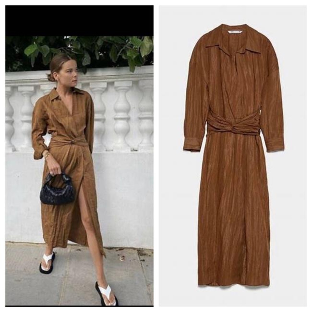 Zara limited edition draped caramel brown slit midi dress with sash belt